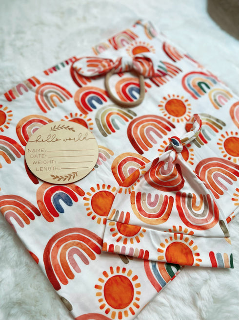 Bowtism Boho Rainbow Swaddle Set with Wooden Birth Plate, Hat & Headband - Bowtism